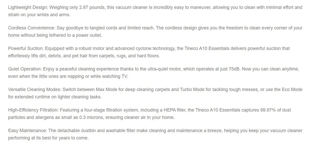 Tineco A10 Essentials Cordless Stick Vacuum Cleaner, Lightweight, Quiet and Powerful Suction