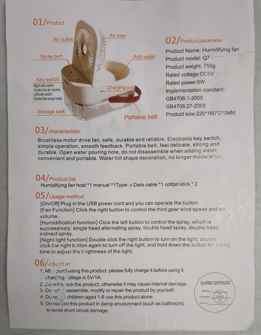 (New Open Box) Fan Humidifier Portable Fan Air Cooler Air Humidifier USB Fan Desktop Fan with Night Light