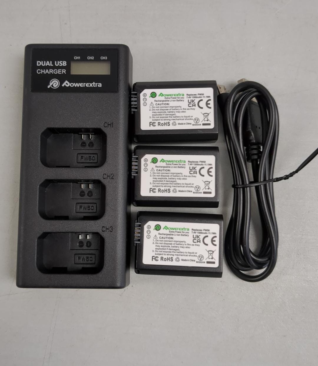 (Excellent) Powerextra 3 Pack Battery for Sony NP-FW50 Battery & Smart LCD Display Triple Channel Charger Compatible for Sony Alpha a6500, a6300, a6000, a7s, a7, a7s ii, a7s, a5100, a5000, a7r, a7 ii Camera