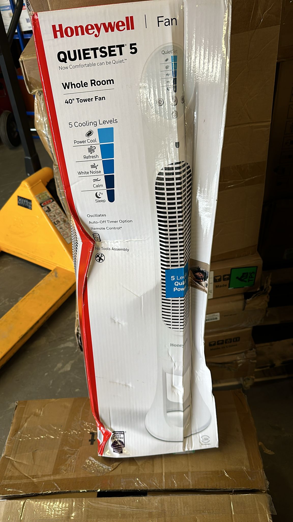 (New Open Box) Honeywell QuietSet Whole Room Oscillating Tower Fan (5 Speed Settings, Oscillating 80°, Timer Function, Auto-Off Lights, Remote Control) HYF260