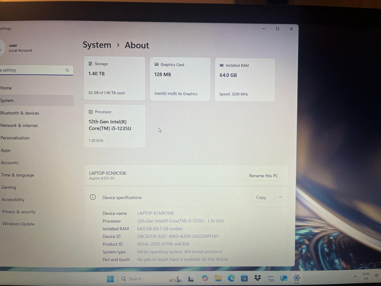 (New Open Box) Acer Aspire 3 15.6 inch 1080p i5-1235U 64GB RAM 1.5TB SSD Battery Health 100% W11