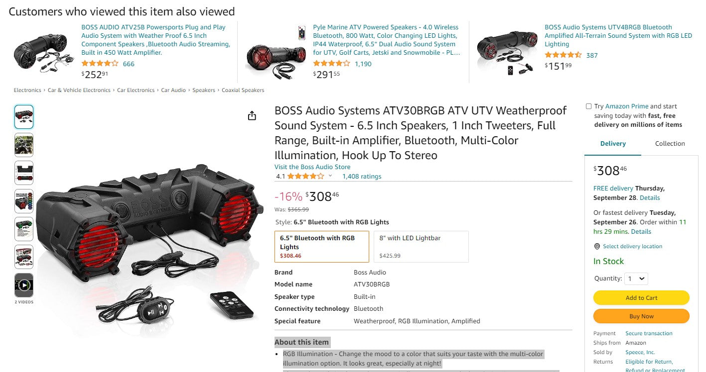 Refurbished (Good) BOSS Audio Systems ATV30BRGB ATV UTV Weatherproof Sound System - 6.5 Inch Speakers, 1 Inch Tweeters, Full Range, Built-in Amplifier, Bluetooth, Multi-Color Illumination, Hook Up To Stereo