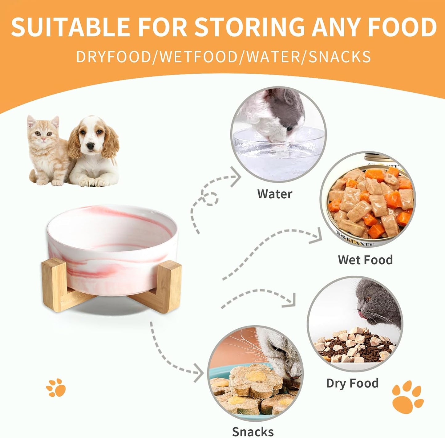 (Brand New) Ceramic Round Dog Cat Bowl with Wood Stand, Ceramic Food Water Elevated Dish for Pet