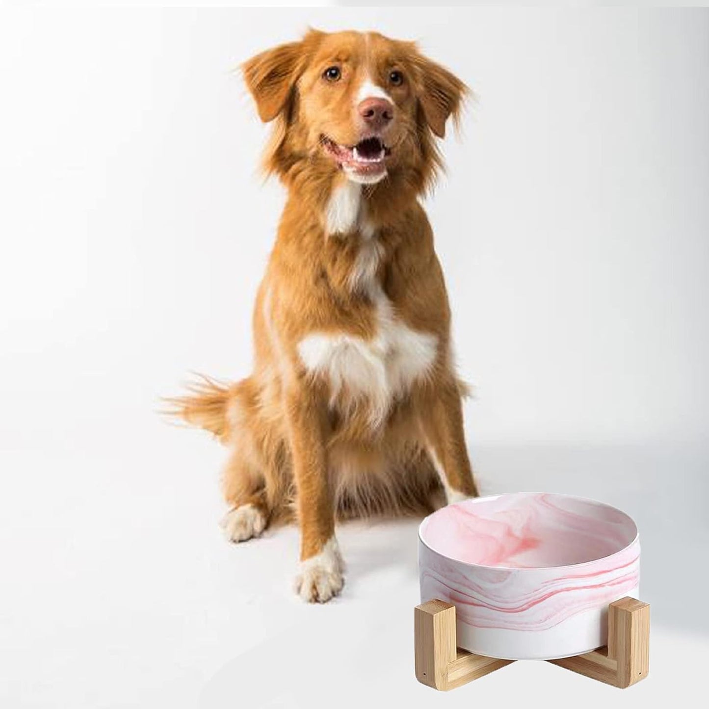 (Brand New) Ceramic Round Dog Cat Bowl with Wood Stand, Ceramic Food Water Elevated Dish for Pet
