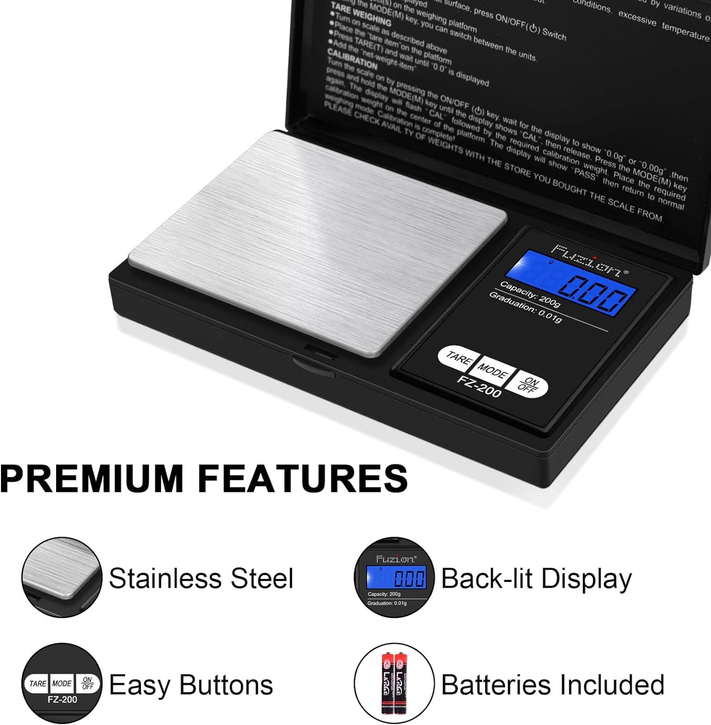 Fuzion Digital Pocket Scale, 200g/0.01g Mini Scale Gram and Ounce, Portable Travel Food Scale, Jewelry Scale with Back-Lit LCD, Stainless Steel, Tare