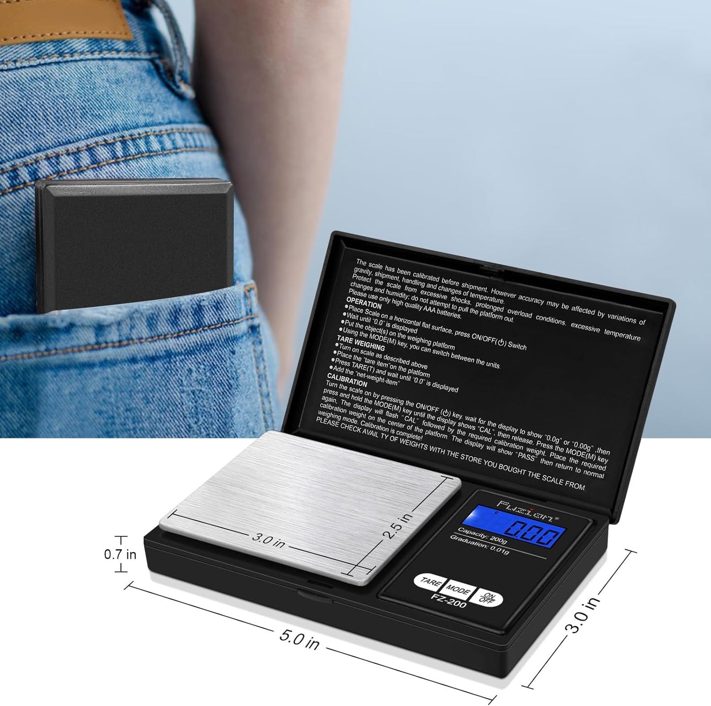 Fuzion Digital Pocket Scale, 200g/0.01g Mini Scale Gram and Ounce, Portable Travel Food Scale, Jewelry Scale with Back-Lit LCD, Stainless Steel, Tare