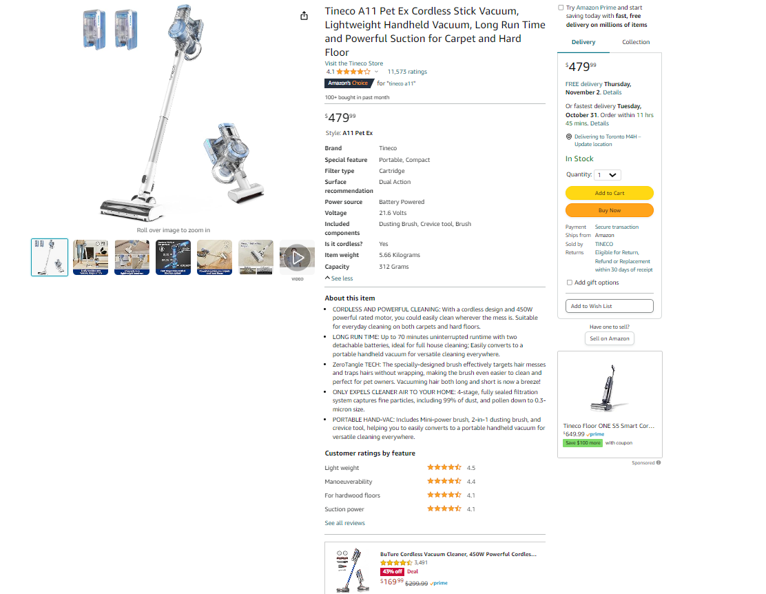 Tineco A11 Pet Ex Cordless Stick Vacuum, Lightweight Handheld Vacuum, Long Run Time and Powerful Suction for Carpet and Hard Floor