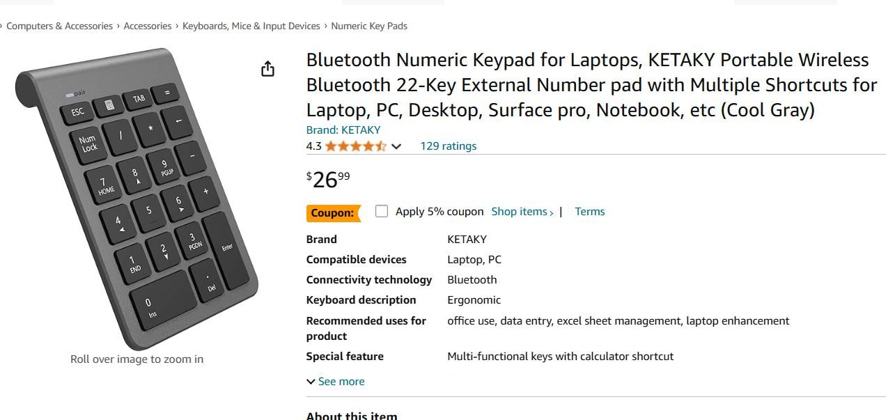 Bluetooth Numeric Keypad for Laptops, KETAKY Portable Wireless Bluetooth 22-Key External Number pad with Multiple Shortcuts for Laptop, PC, Desktop, Surface pro, Notebook, etc (Cool Gray)