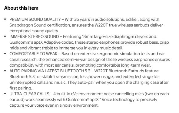 (Excellent) Edifier W220T True Wireless Earbuds Bluetooth V5.3 Semi-in-Ear Earphones with Mic