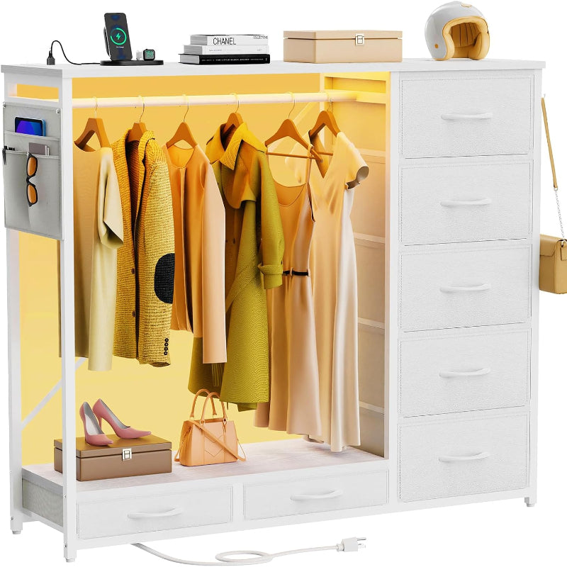 (New Open Box) SZLHANJZ Dresser for Bedroom with Hanging Rack, 7 Drawer Clothes Storage Chest with Lights and Charging Station, Wardrobe Dresser with Hooks and Pocket, Wood Top, Nursery White