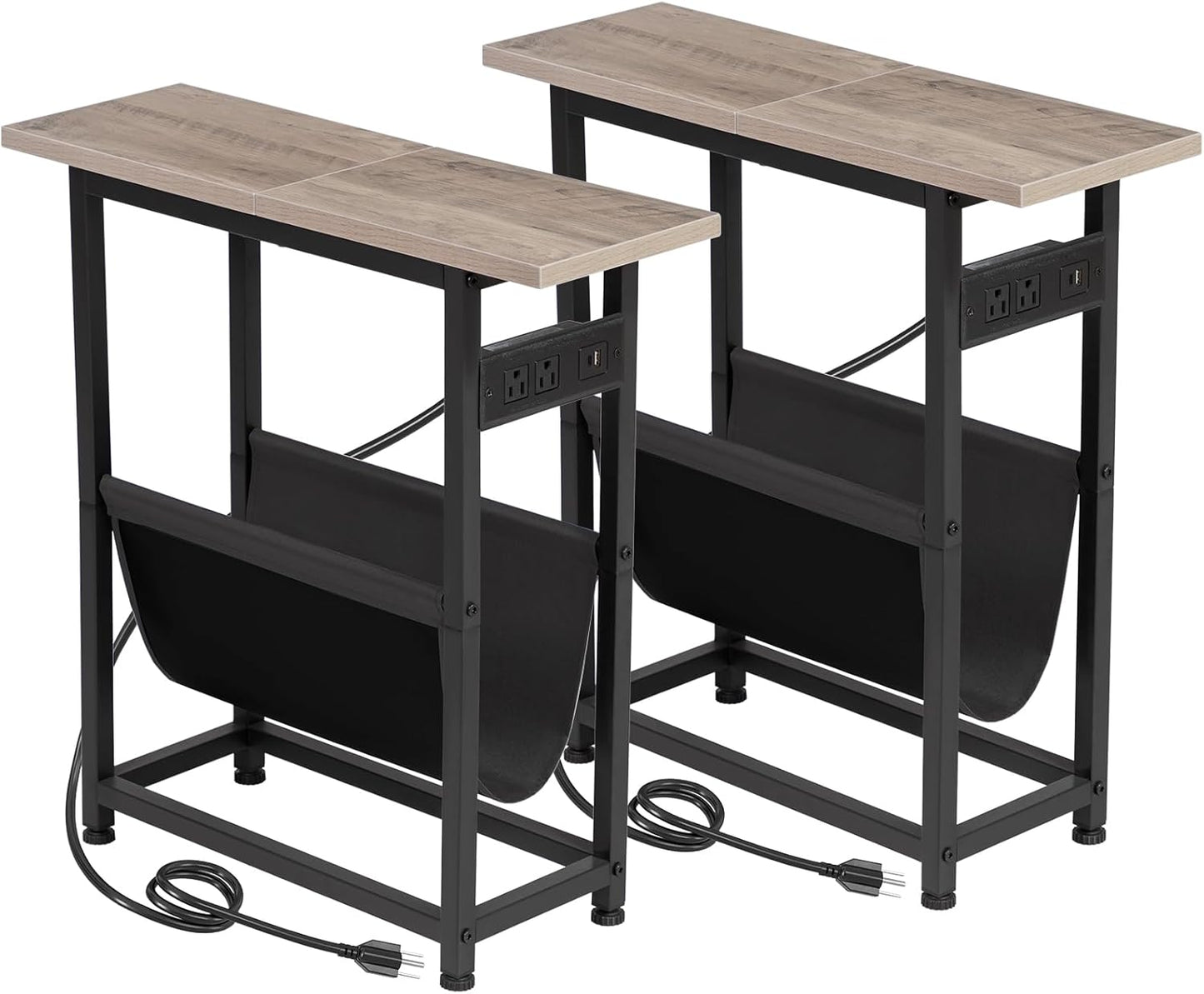 (New Open Box) Narrow Side Table Set of 2, Slim End Table with Charging Station with Magazine Holder HETN02PGY