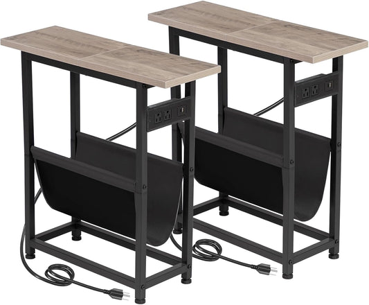 (New Open Box) Narrow Side Table Set of 2, Slim End Table with Charging Station with Magazine Holder HETN02PGY