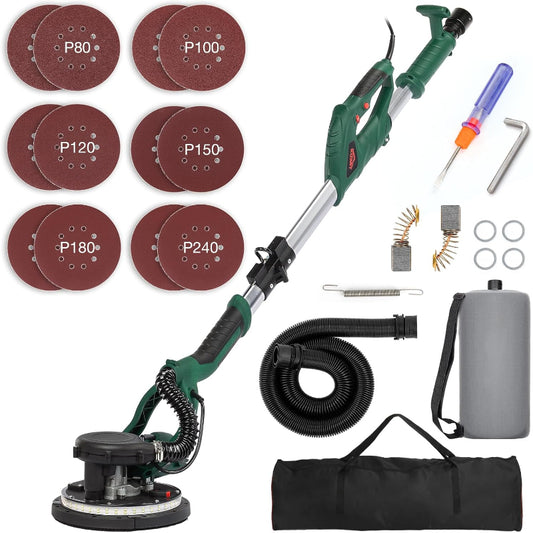 (New Open Box) KUIMIT Drywall Sander, 850W Electric Sander with 12 Pcs Sanding Discs, 6 Variable Speed 800-1750 RPM Wall Sander with Extendable Handle, LED Light, Long Dust Hose, Storage Bag