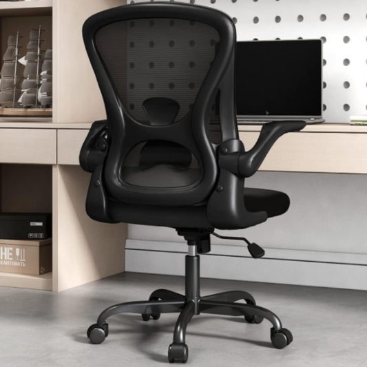 (New Open Box) Sytas Office Chair, Ergonomic Desk Chair with Lumbar Support, Adjustable Height & Flip-Up Armrests, Mesh Computer Chair, Comfy Swivel Chair for Home Office and Guitar Playing, 300 Lbs (Modern, Black)