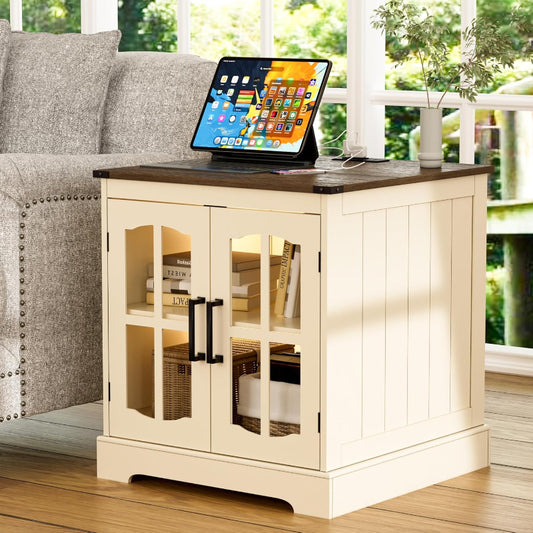 (New Open Box) ChooChoo Farmhouse End Table, 24" Large Sofa Side Table with Charging Station & LED Light, Nightstand with Adjustable Storage Shelf, Square Bedside Table for Living Room Beige (Cream Mix with White)