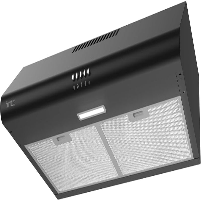 (New Open Box) Hermitlux Under Cabinet Range Hood, 30 inch Black Vent Hood With 3 Speed Exhaust Fan, Ducted And Ductless Convertible, LED Bright Light Bulbs and Charcoal Filter