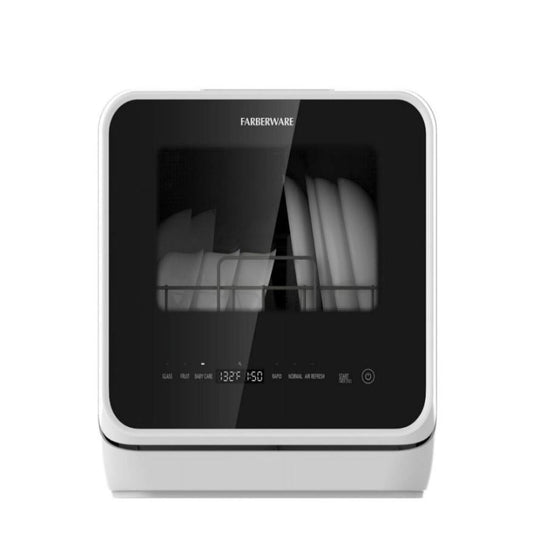 (New Open Box) Farberware Portable Dishwasher with Built-In Water Tank with Baby Care and Fruit Wash Settings in White w/ 6-Place Setting Capacity, FDW05ASBWHA