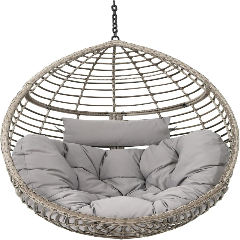 (New Open Box) Jaya Outdoor Hanging Chair, Basket Shape, Gray Rattan, Steel, 47 Inch