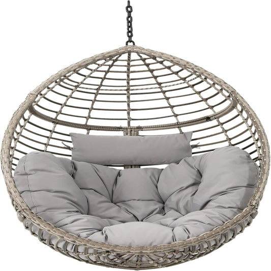 (New Open Box) Jaya Outdoor Hanging Chair, Basket Shape, Gray Rattan, Steel, 47 Inch