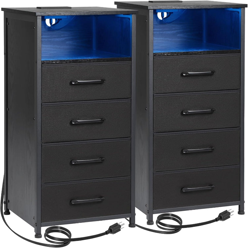 (New Open Box) LOAKEKEL Night Stand Set 2, Tall Nightstand with Charging Station for Bedroom with 4 Drawers, LED End Tables with USB Ports and Outlets, Bedside Table with Storage Shelf, Black, HNS034BK