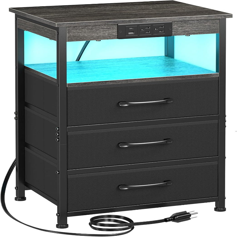 (New Open Box) LOAKEKEL End Table with 3 Drawers, Side Table with Storage Shelf, with USB Ports (HNS123DG-1)