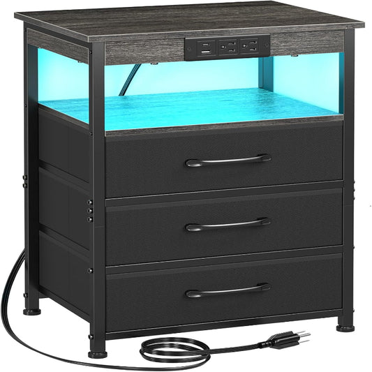 (New Open Box) LOAKEKEL End Table with 3 Drawers, Side Table with Storage Shelf, with USB Ports (HNS123DG-1)