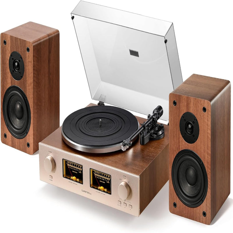 (New Open Box) QLEARSOUL HiFire X Vinyl Record Player, Audiophile HiFi Turntables System with 100W Bookshelf Speakers,VU Meter, DSP Preamp, Support 33/45 RPM, RCA LINE in | Out