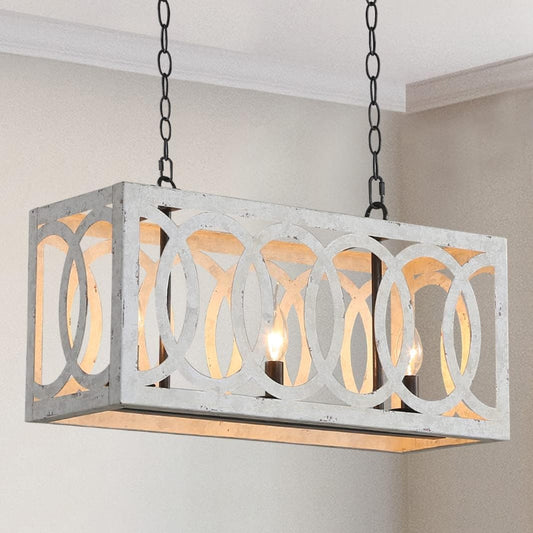 (New Open Box) PHILOMENA Kitchen Island Light Fixtures Dining Room Distressed White Rectangular Modern Farmhouse Chandelier, 3-Light Metal Rustic French Country Pendant Lighting Ceiling Light Hanging Lamp, No Wood