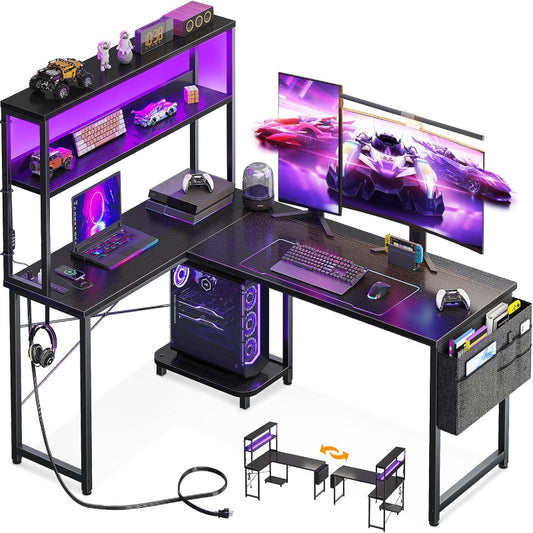 (New Open Box) AODK L Shaped Desk Gaming Desk with LED Light & Power Outlet, 53 Inch Reversible L Shaped Computer Table with Shelf & Storage Bag & Hook for Home Office, Black