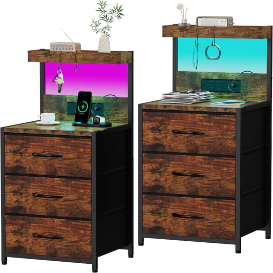 (New Open Box) SZLHANJZ Nightstands Set of 2, End Table with LED Light and Charging Station Type,  , Rustic Brown