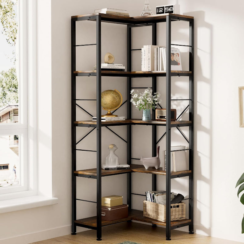 (New Open Box) Gujiam 5-Tier Corner Bookshelf, 70.86" Tall Corner Bookcase,5-Shelf Industrial L-Shaped Coner Shelf with Metal Frame for Home Office,Living Room,Bed Room(Rustic Brown)