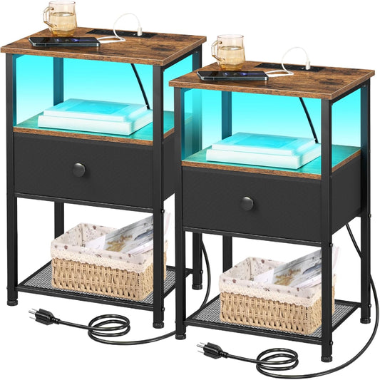 (New Open Box) LOAKEKEL Nightstands Set of 2 with Charging Station, LED Night Stands, HETS01BR (DS0052)