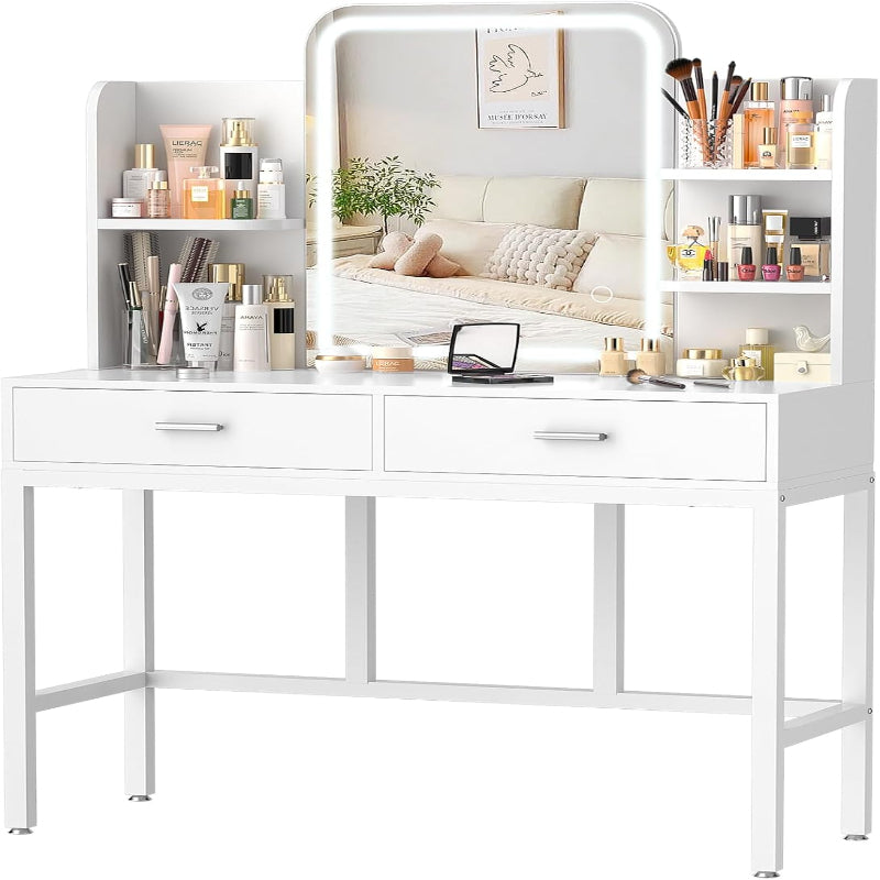 (New Open Box) Cyclysio Vanity Desk, Makeup Vanity Desk with Mirrors, Vanity Set with 2 Storage Drawers and Open Shelves, 3 Colors LED Brightness Adjustable Dressing Table, Makeup Desk for Girls and Women, White