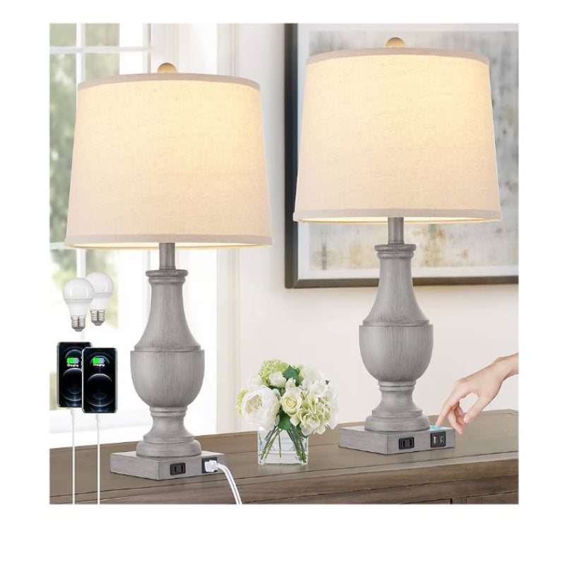 (Brand New) 25-in Grey LED Touch Table Lamp Set of 2 | Linen Shade | TD-201