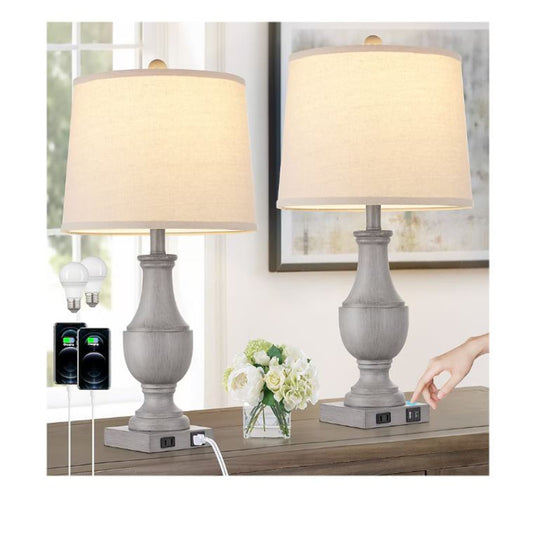 (Brand New) 25-in Grey LED Touch Table Lamp Set of 2 | Linen Shade | TD-201