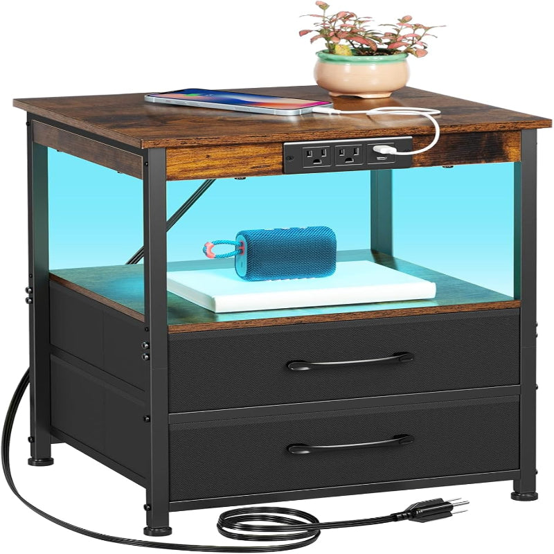 (New Open Box) LOAKEKEL End Table with 2 Drawers, Side Table with Storage Shelf, Nightstand with USB Ports and Outlets, Metal Frame, for Bedroom, Living Room,Rustic Brown HNS122BR-1