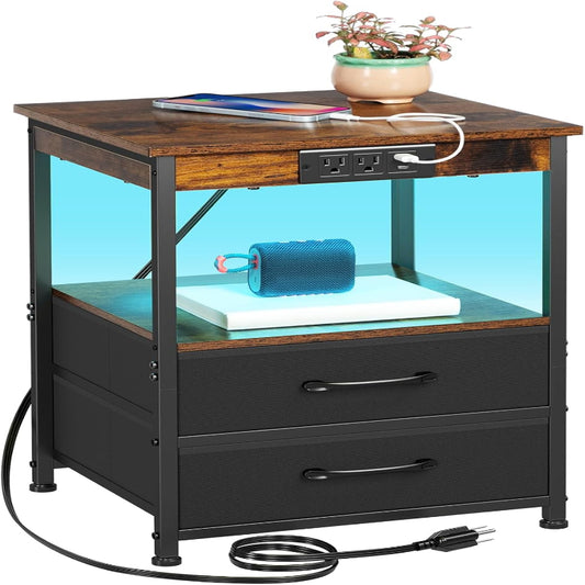 (New Open Box) LOAKEKEL End Table with 2 Drawers, Side Table with Storage Shelf, Nightstand with USB Ports and Outlets, Metal Frame, for Bedroom, Living Room,Rustic Brown HNS122BR-1