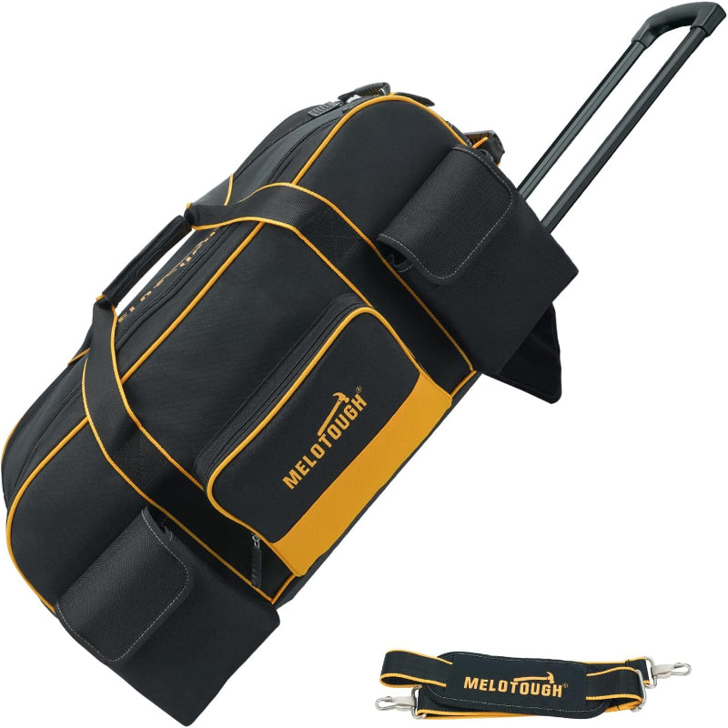 (New Open Box) MELOTOUGH Rolling Tool Bag with Wheels,Large Capacity Tool Bag Organizer with Concealed Telescoping Handle for Electrician,Construction,HVAC,Technician (Yellow/Black)