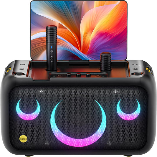 (New Open Box) Ikarao Break X1 Karaoke Machine for Adults with Lyrics Display & 32GB Tablet, 2 Wireless Microphones, 300W Peak PA System & Bluetooth Speaker, 4 DJ Lights, Portable Karaoke Speaker with Mic for Home Party/Outdoor