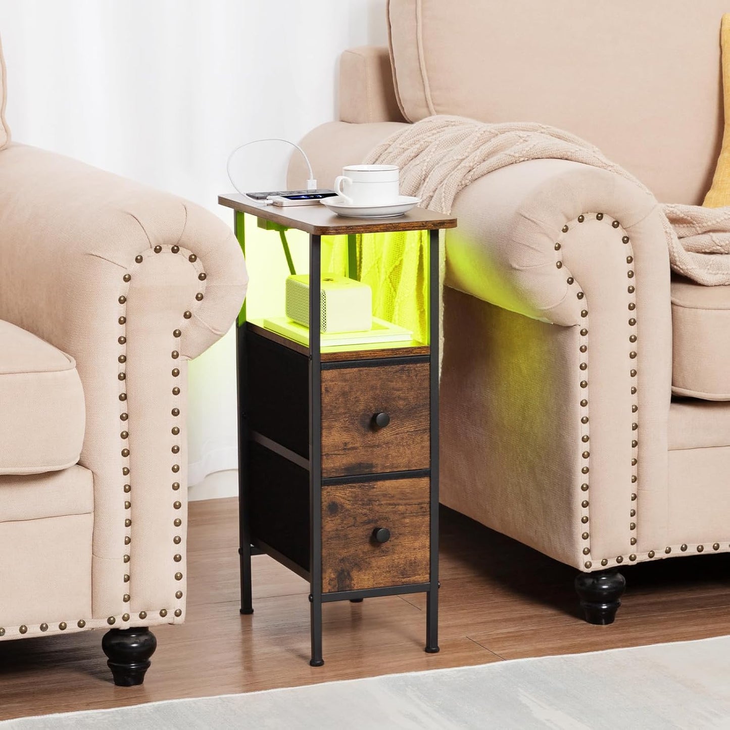 (New Open Box) LOAKEKEL Narrow Side Table with Charging Station, LED Light, Skinny Nightstand with Fabric Drawer, Slim Sofa Table for Bedroom, Small Spaces, Couch, Brown, TETNDP02LBR-1