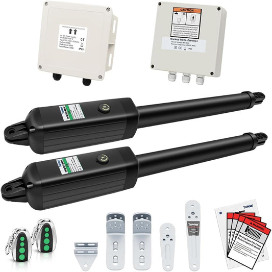 (Excellent) TOPENS PW502 Automatic Gate Opener for Medium Duty Dual Swing Gates Up to 16ft per Arm, Dual Swing Gate Operator AC Powered with Remote Control Kit Gate Motor Solar Compatible