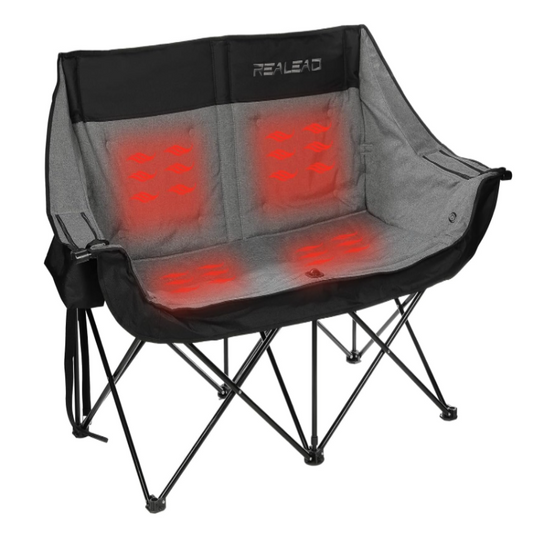 (Excellent) REALEAD Double Heated Camping Chair, 3 Heat Levels and 4 Heating Zones, Portable Heated Loveseat for Outdoor Sports, 650lb, Heated Folding Chairs for Outdoor,