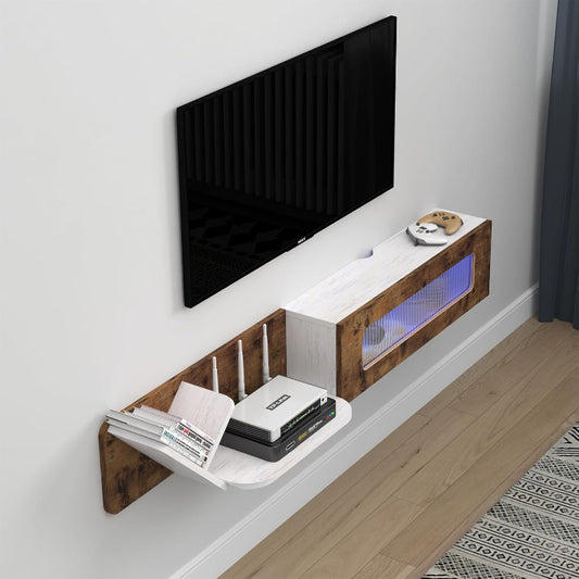(New Open Box) Pmnianhua Rustic Floating TV Stand with LED Lights,59'' Wall Mounted TV Cosole,Under TV Shelf,Floating Entertainment Center with Glass Door and Storage for Projector,Bedroom Playroom
