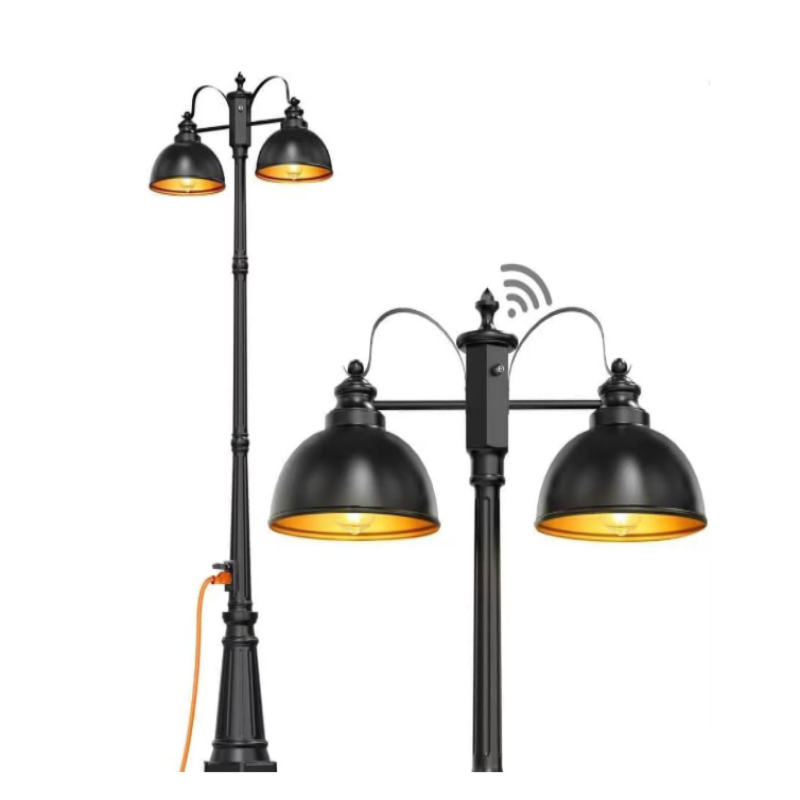 (New Open Box)  APOTO Double-Head Outdoor Lamp Post Light | Dusk to Dawn • GFCI Outlet • Black Aluminum