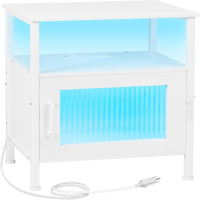 (New Open Box) LOAKEKEL Night Stand, LED Nightstand with Charging Station, Small End Table with Glass Door and Storage Shelf, Modern Side Table with USB Ports & Outlets, Bedside Table for Bedroom, White, HNS06WT-1