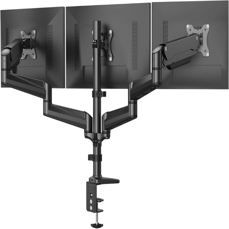 (New Open Box) HUANUO Triple Monitor Stand - Height Adjustable Gaming Monitor Mount Arm, Fits 3 Computer Screens 17 to 32 inch with Clamp/Grommet Mounting Base, Each Arm Holds up to 17.6 lbs, Black