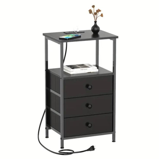 (New Open Box) TZWAKED End Table with Charging Station, 3-Drawer Bedside Table with (TNS013-1BK)