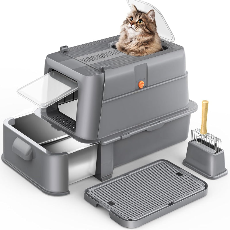 (New Open Box) Enclosed Stainless Steel Cat Litter Box with Lid，XL Large Metal Cat Box with Drawer for Big Cats,Top Exit Kitty Litter Box Includes Scoop, Filter Pedal,Odor Control, Easy Cleaning