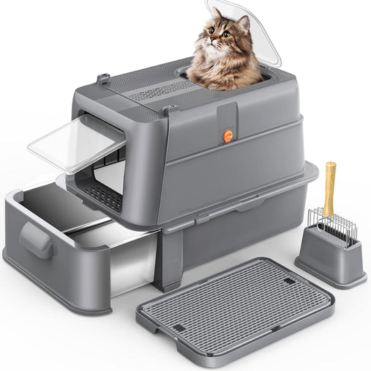 (New Open Box) Enclosed Stainless Steel Cat Litter Box with Lid，XL Large Metal Cat Box with Drawer for Big Cats,Top Exit Kitty Litter Box Includes Scoop, Filter Pedal,Odor Control, Easy Cleaning