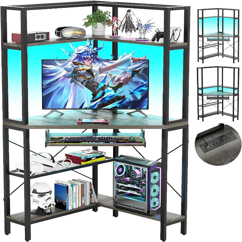 (New Open Box) Cyclysio Small Corner Desk with Hutch, Corner Gaming Desk with LED Light & Power Outlets, Computer Desk with Keyboard Tray, Triangel Desk for Small Space, Home Office, Workstation, Grey